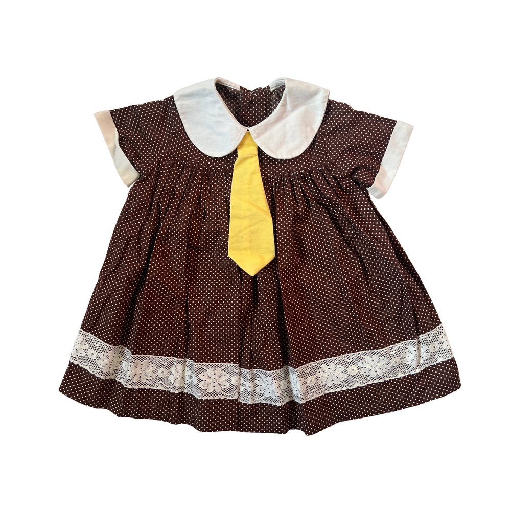 Vtg 60s Babydoll Dress Brown Polka Dot Yellow Necktie Cottagecore Mod Kitschy